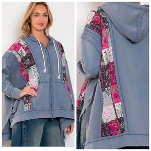 Blue Velvet Stylish Quilted Patchwork Oversized Hoodie